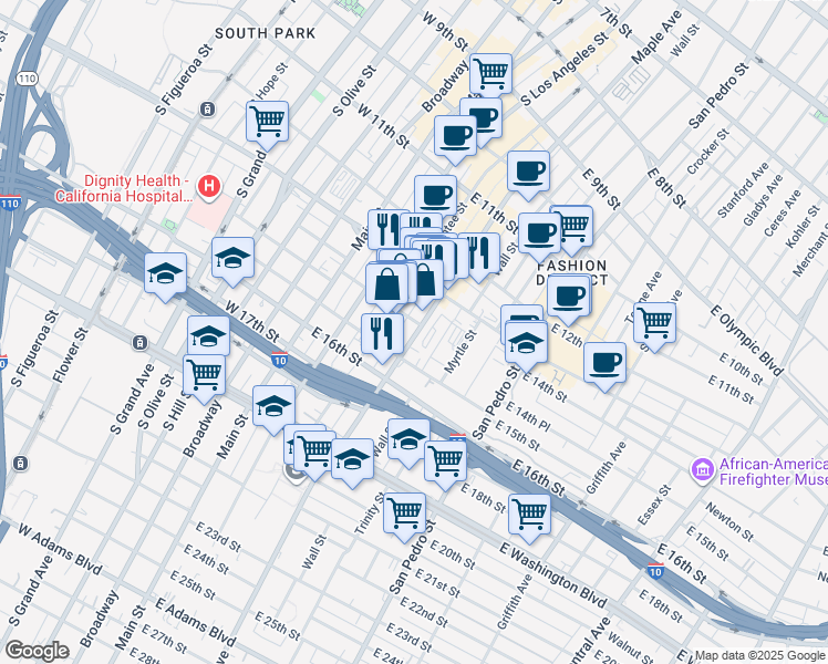 map of restaurants, bars, coffee shops, grocery stores, and more near 1407 Maple Avenue in Los Angeles