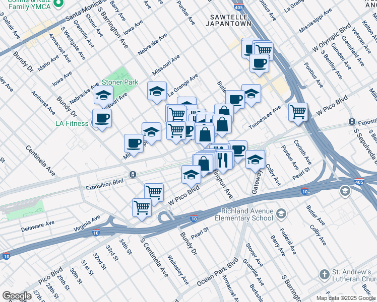 map of restaurants, bars, coffee shops, grocery stores, and more near 2223 South Barrington Avenue in Los Angeles