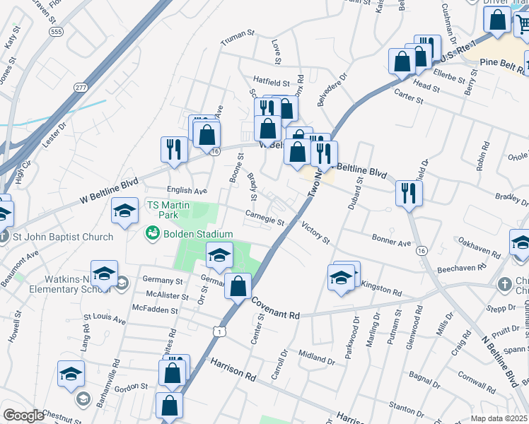map of restaurants, bars, coffee shops, grocery stores, and more near 1641 Carnegie Street in Columbia