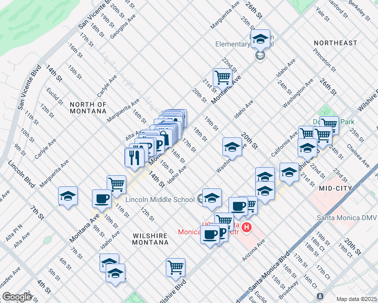 map of restaurants, bars, coffee shops, grocery stores, and more near 844 17th Street in Santa Monica