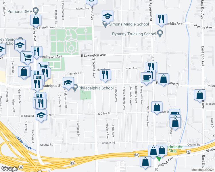 map of restaurants, bars, coffee shops, grocery stores, and more near 894 Philadelphia Street in Pomona