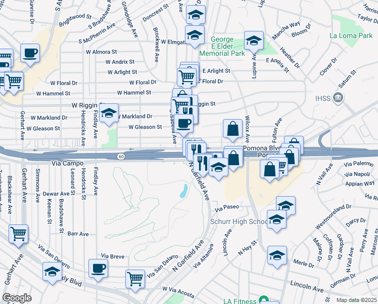 map of restaurants, bars, coffee shops, grocery stores, and more near 601 North Garfield Avenue in Montebello