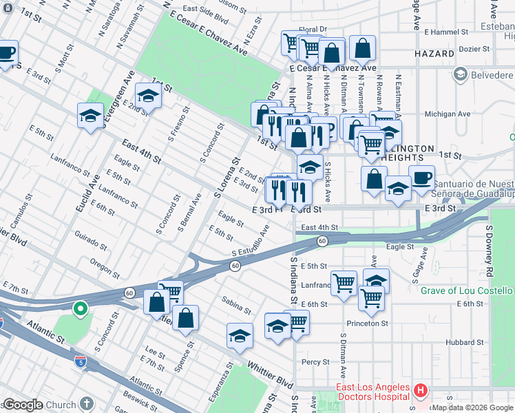map of restaurants, bars, coffee shops, grocery stores, and more near 3501 East 3rd Place in Los Angeles
