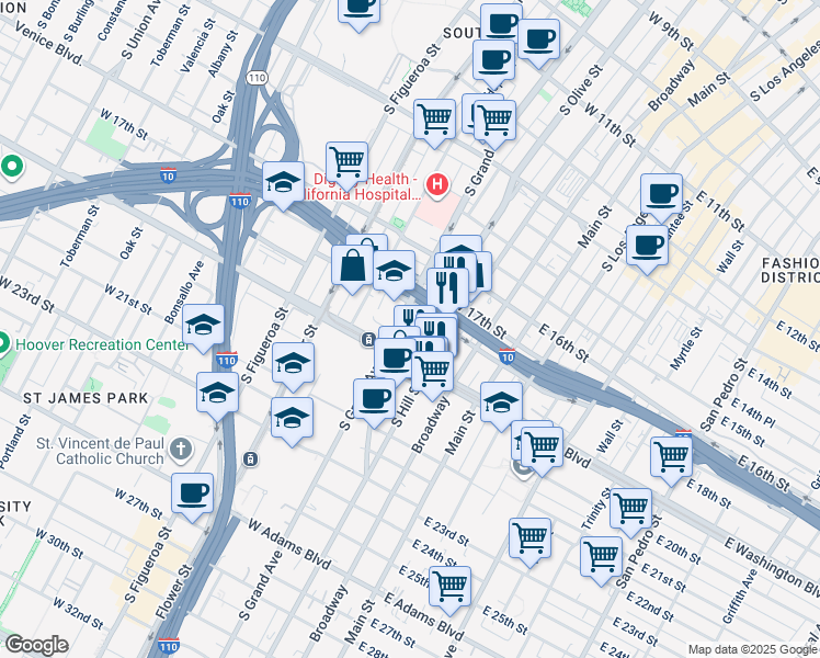 map of restaurants, bars, coffee shops, grocery stores, and more near 1820 South Grand Avenue in Los Angeles