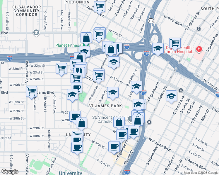 map of restaurants, bars, coffee shops, grocery stores, and more near 861 West 23rd Street in Los Angeles