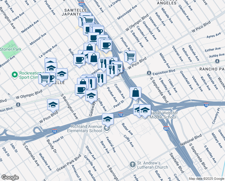 map of restaurants, bars, coffee shops, grocery stores, and more near 2440 Purdue Avenue in Los Angeles