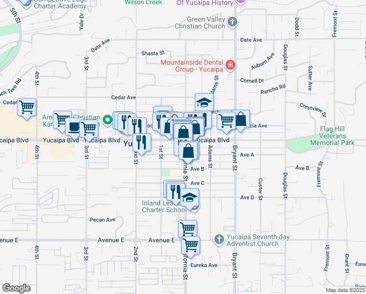map of restaurants, bars, coffee shops, grocery stores, and more near 12124 California Street in Yucaipa