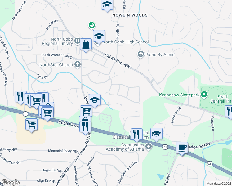 map of restaurants, bars, coffee shops, grocery stores, and more near 3121 Lily Way Northwest in Kennesaw