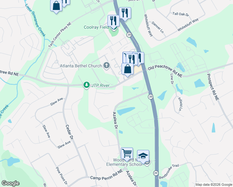 map of restaurants, bars, coffee shops, grocery stores, and more near 1025 Chaucer Gate Court Northeast in Lawrenceville