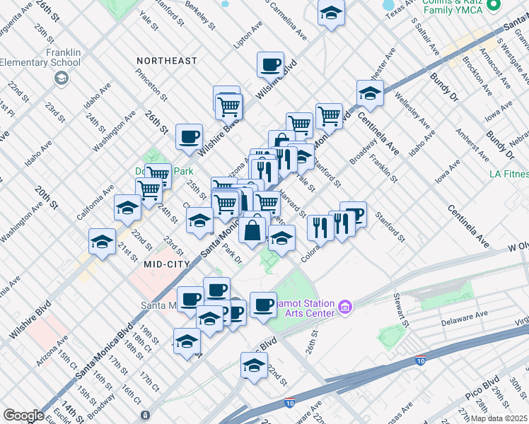 map of restaurants, bars, coffee shops, grocery stores, and more near 1420 Princeton Street in Santa Monica