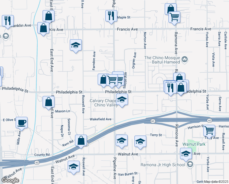 map of restaurants, bars, coffee shops, grocery stores, and more near Pipeline Ave & Philadelphia St in Chino