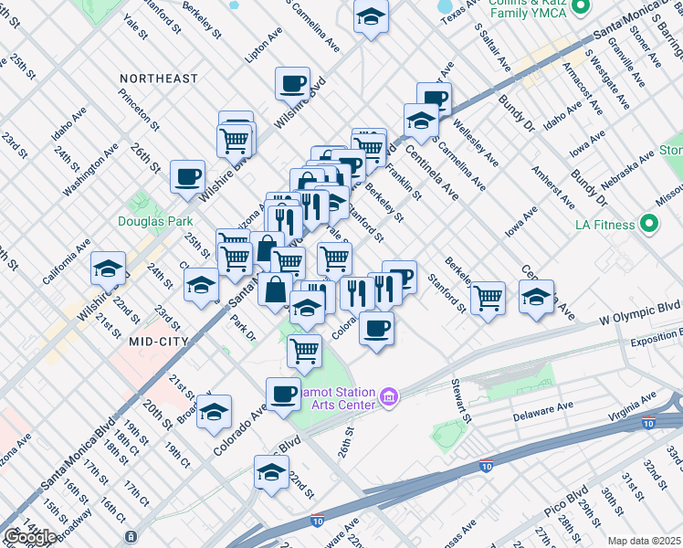 map of restaurants, bars, coffee shops, grocery stores, and more near 1505 Harvard Street in Santa Monica