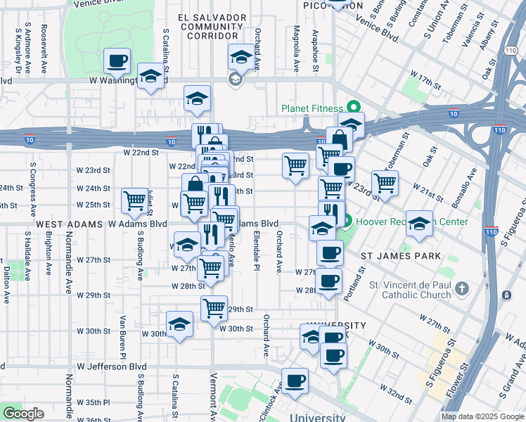 map of restaurants, bars, coffee shops, grocery stores, and more near 1276 West 25th Street in Los Angeles