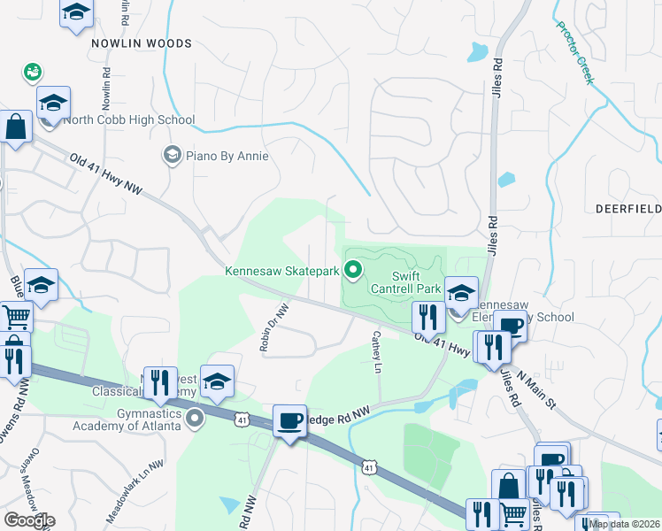 map of restaurants, bars, coffee shops, grocery stores, and more near 3260 Kimberly Road Northwest in Kennesaw
