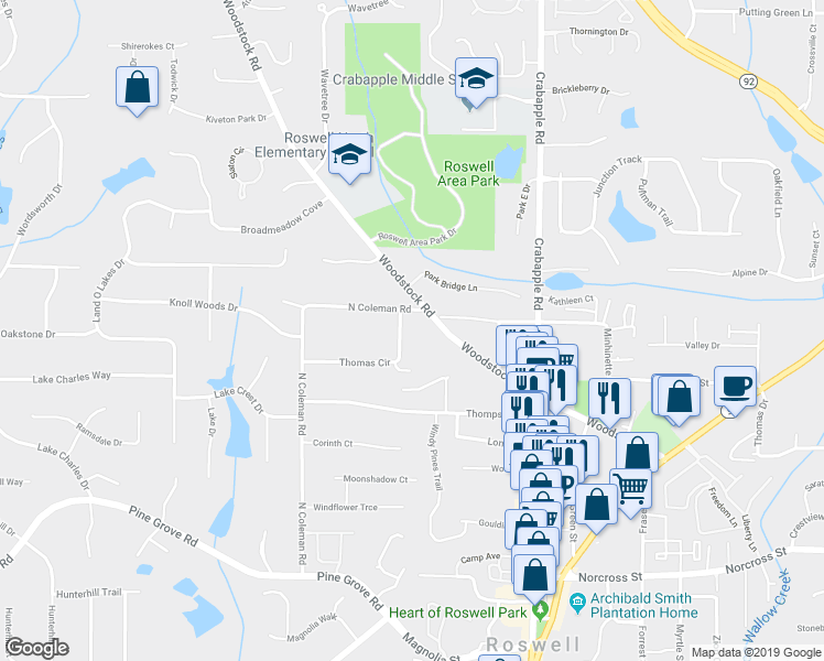 map of restaurants, bars, coffee shops, grocery stores, and more near 1275 Thomas Circle in Roswell