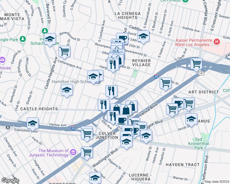 map of restaurants, bars, coffee shops, grocery stores, and more near 8970 Kramerwood Place in Los Angeles