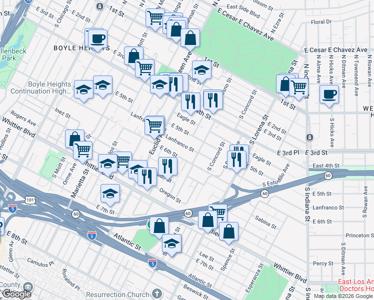 map of restaurants, bars, coffee shops, grocery stores, and more near 3076 Lanfranco Street in Los Angeles