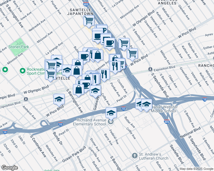 map of restaurants, bars, coffee shops, grocery stores, and more near 2420 Butler Avenue in Los Angeles