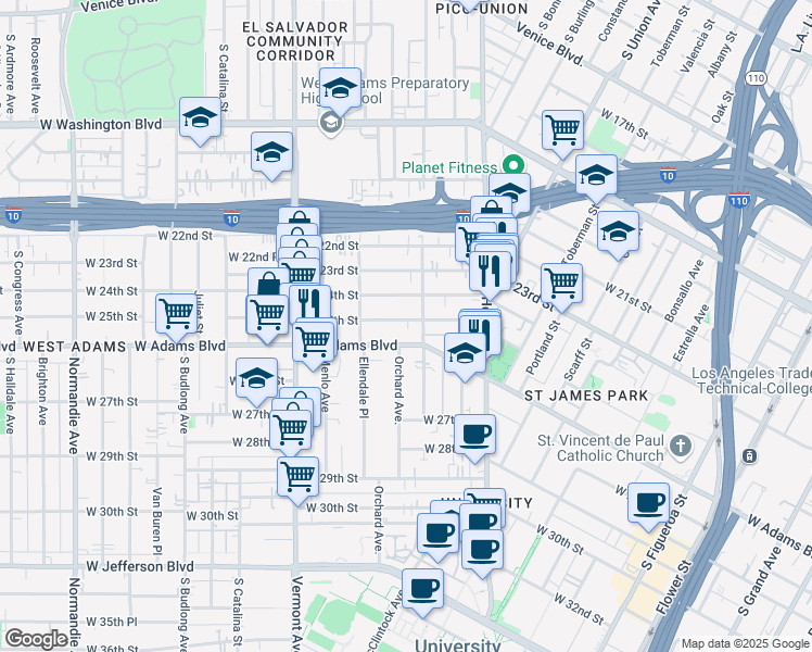 map of restaurants, bars, coffee shops, grocery stores, and more near 1216 West 25th Street in Los Angeles