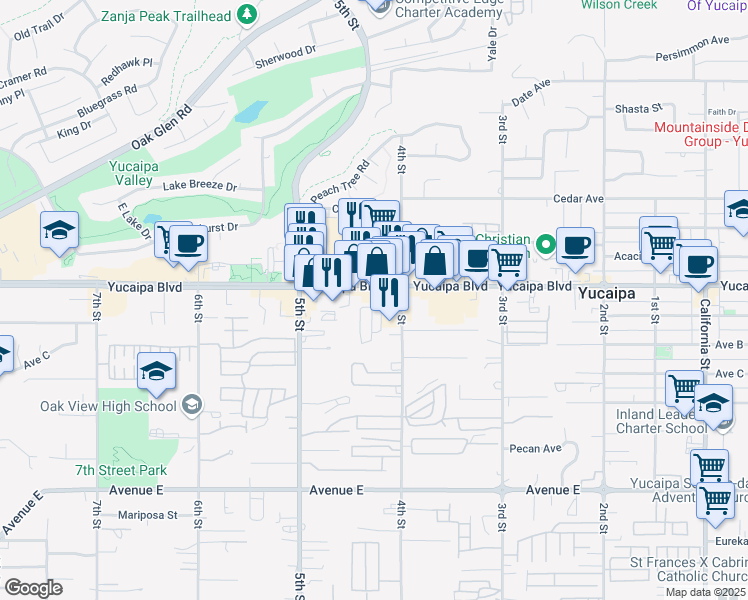map of restaurants, bars, coffee shops, grocery stores, and more near 34447 Yucaipa Boulevard in Yucaipa