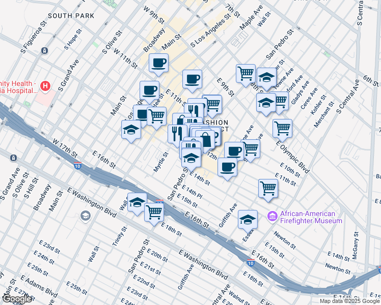 map of restaurants, bars, coffee shops, grocery stores, and more near 1219 San Pedro Street in Los Angeles