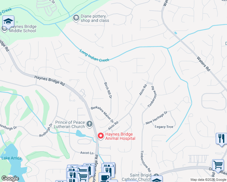 map of restaurants, bars, coffee shops, grocery stores, and more near 10410 Rillridge Court in Alpharetta