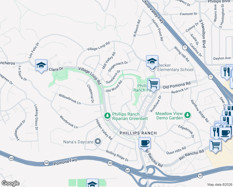 map of restaurants, bars, coffee shops, grocery stores, and more near 14 Old Wood Road in Pomona