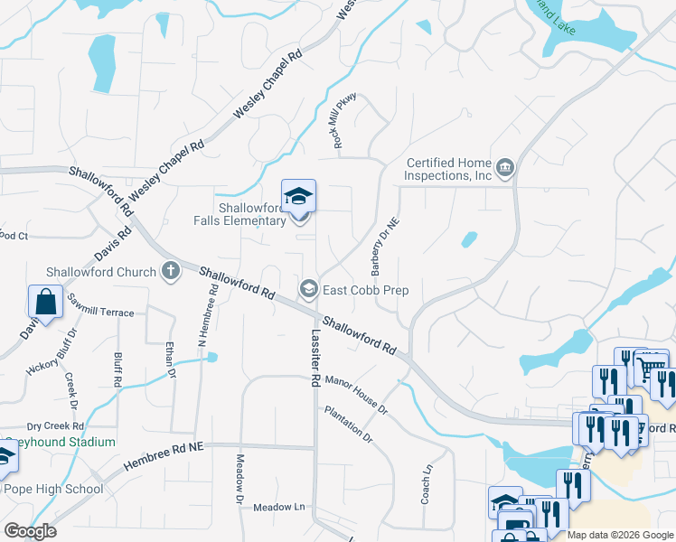 map of restaurants, bars, coffee shops, grocery stores, and more near 3541 Lassiter Road in Marietta