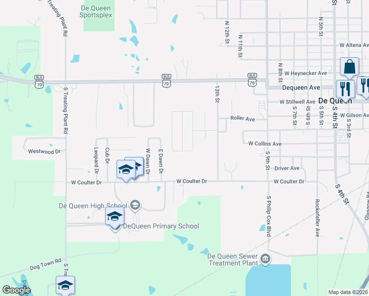 map of restaurants, bars, coffee shops, grocery stores, and more near 135 Lone Pine Street in De Queen