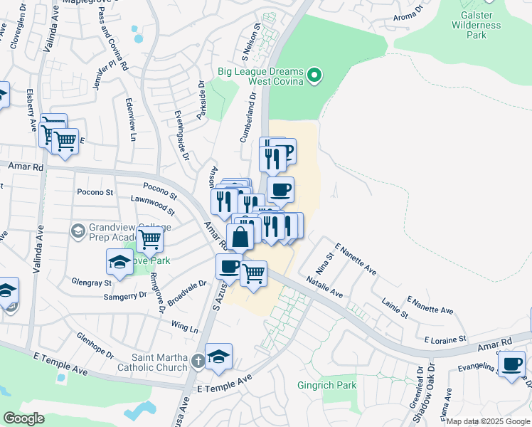 map of restaurants, bars, coffee shops, grocery stores, and more near 2000-2004 South Azusa Avenue in West Covina