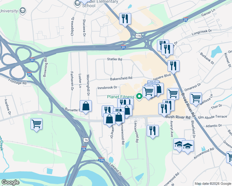 map of restaurants, bars, coffee shops, grocery stores, and more near 105 Leyden Lane in Columbia
