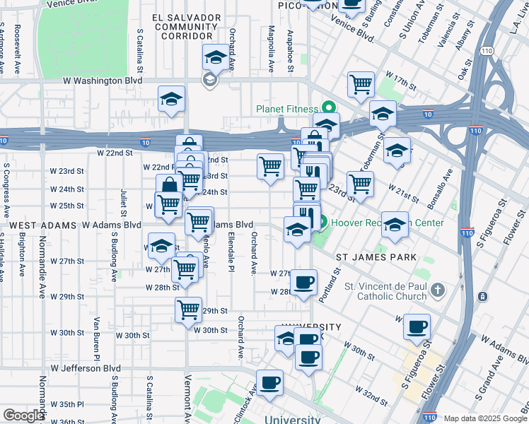 map of restaurants, bars, coffee shops, grocery stores, and more near 1216 West 25th Street in Los Angeles
