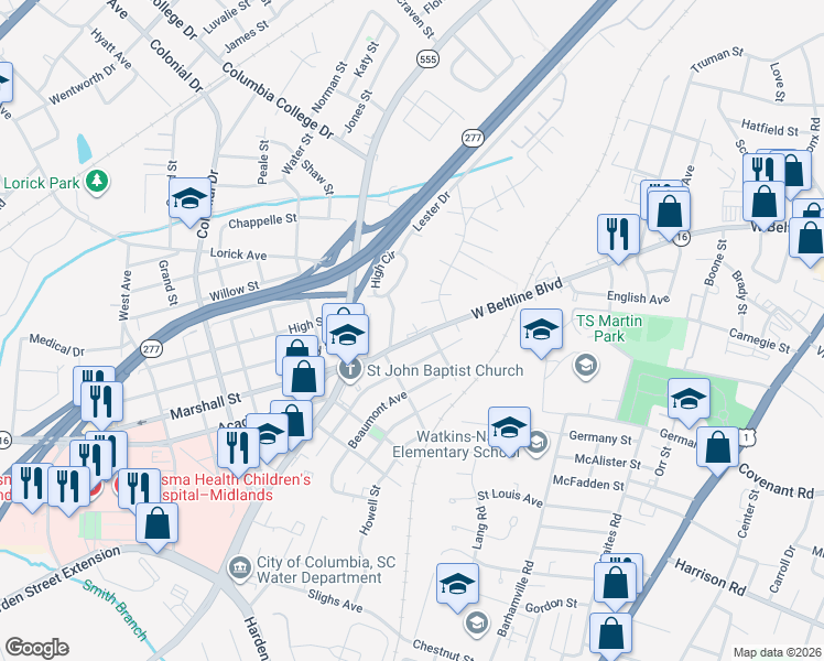 map of restaurants, bars, coffee shops, grocery stores, and more near 3525 West Beltline Boulevard in Columbia
