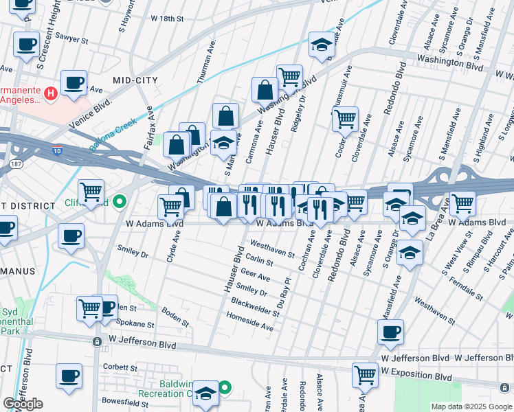 map of restaurants, bars, coffee shops, grocery stores, and more near 2520 Hauser Boulevard in Los Angeles