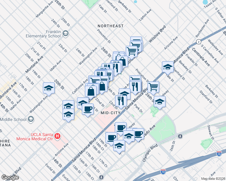 map of restaurants, bars, coffee shops, grocery stores, and more near 1237 24th Street in Santa Monica