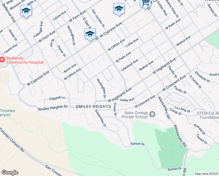 map of restaurants, bars, coffee shops, grocery stores, and more near 950 Sherwood Street in Redlands