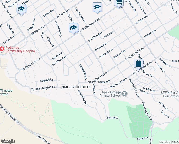 map of restaurants, bars, coffee shops, grocery stores, and more near 950 Sherwood Street in Redlands