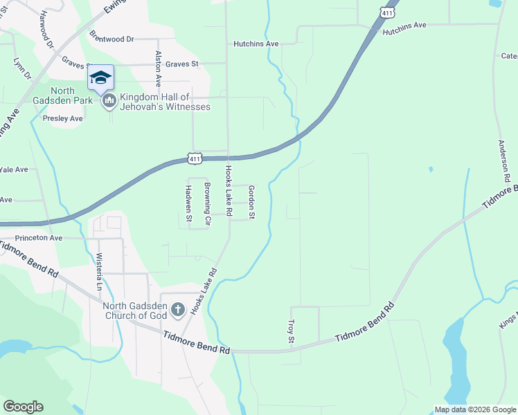 map of restaurants, bars, coffee shops, grocery stores, and more near 1011 Gordon Street in Gadsden