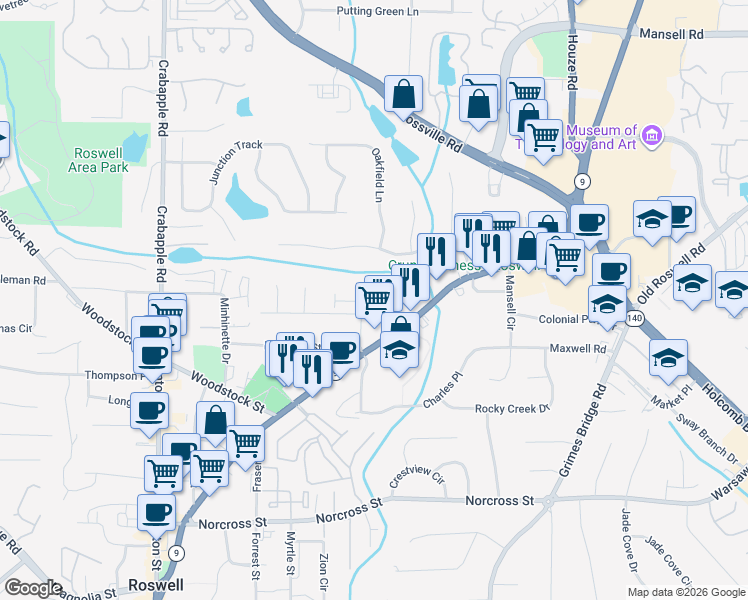 map of restaurants, bars, coffee shops, grocery stores, and more near 2181 Strickland Road in Roswell