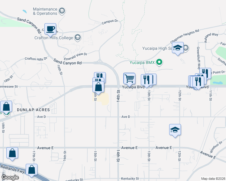 map of restaurants, bars, coffee shops, grocery stores, and more near 32461 Yucaipa Boulevard in Yucaipa