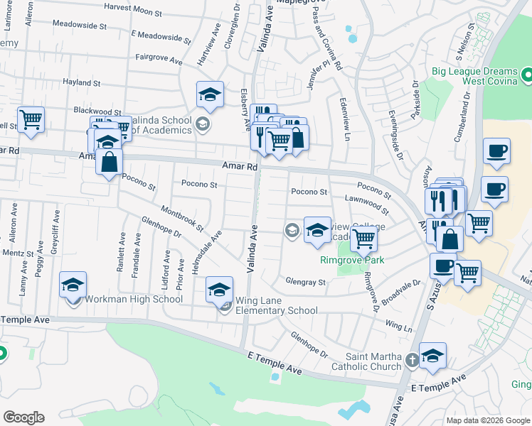 map of restaurants, bars, coffee shops, grocery stores, and more near 16618 Lawnwood Street in La Puente