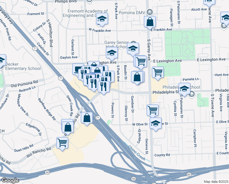 map of restaurants, bars, coffee shops, grocery stores, and more near 2104 Powers Street in Pomona