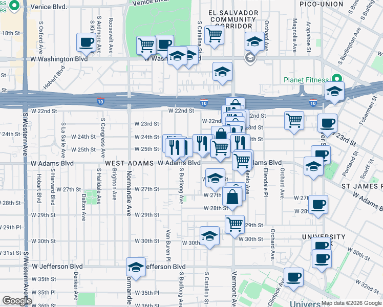 map of restaurants, bars, coffee shops, grocery stores, and more near 2501 South Catalina Street in Los Angeles