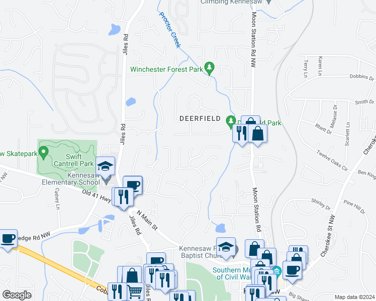 map of restaurants, bars, coffee shops, grocery stores, and more near 1029 Worley Court Northwest in Kennesaw