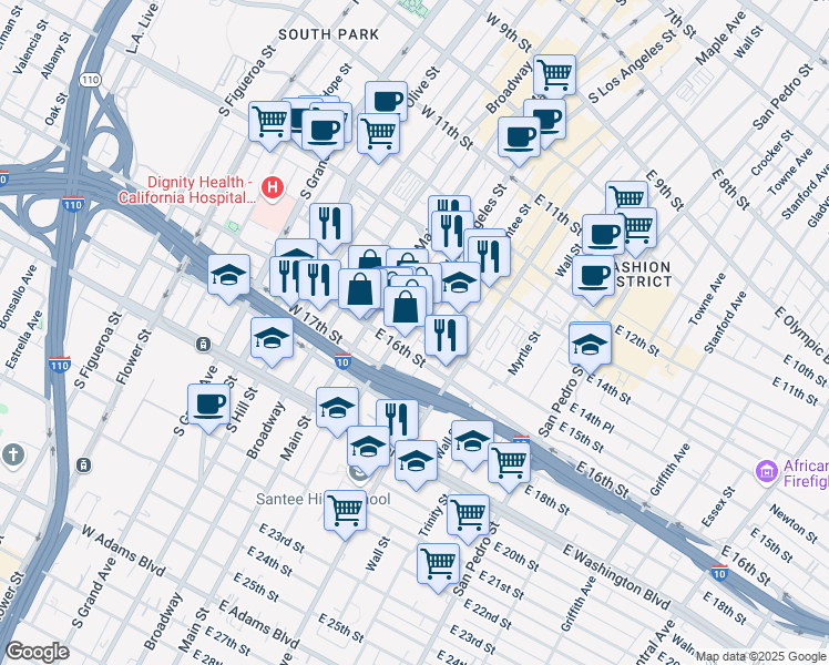 map of restaurants, bars, coffee shops, grocery stores, and more near 1501 South Los Angeles Street in Los Angeles