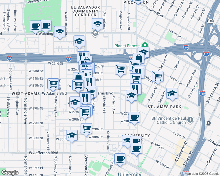 map of restaurants, bars, coffee shops, grocery stores, and more near 1256 West 25th Street in Los Angeles