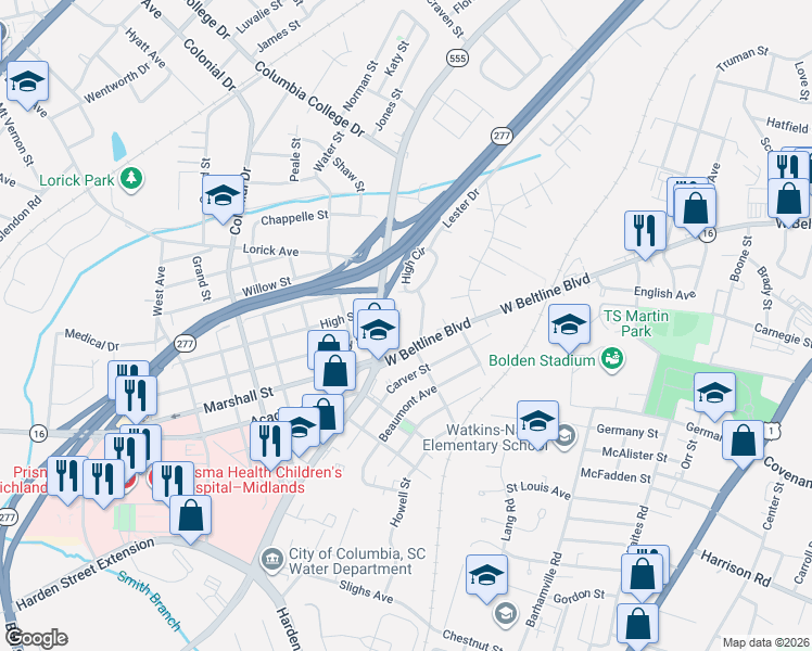 map of restaurants, bars, coffee shops, grocery stores, and more near 3528 White Street in Columbia