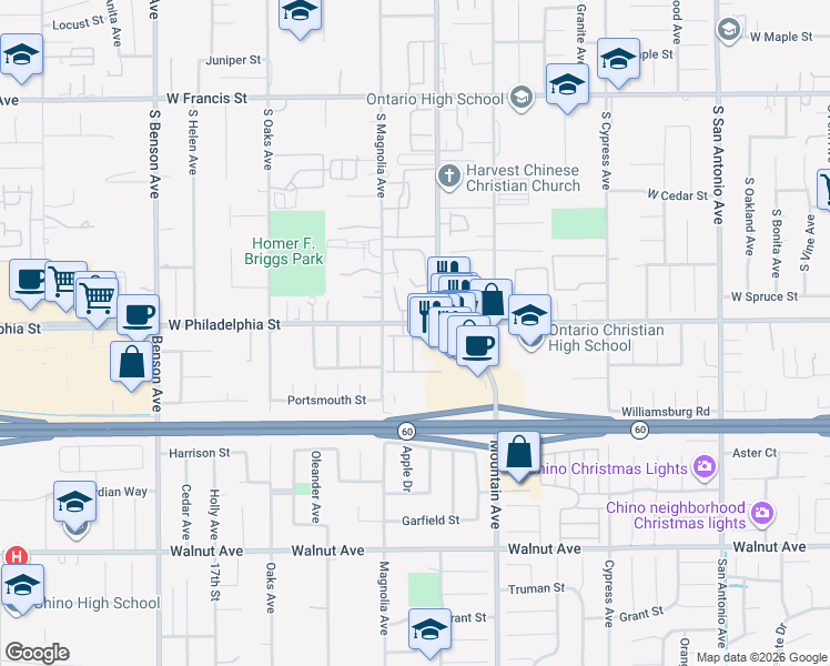 map of restaurants, bars, coffee shops, grocery stores, and more near 1124 West Philadelphia Street in Ontario