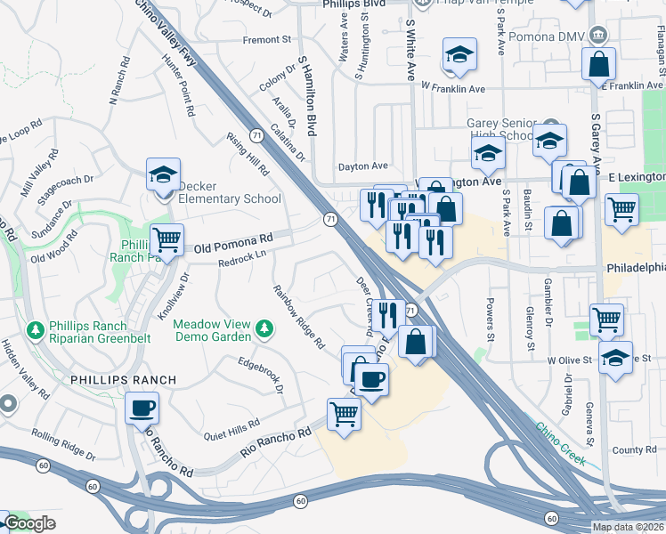 map of restaurants, bars, coffee shops, grocery stores, and more near 3 Navajo Trail Lane in Pomona