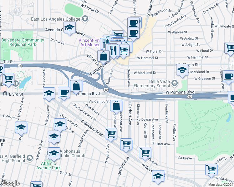 map of restaurants, bars, coffee shops, grocery stores, and more near 803 Pomona Boulevard in Monterey Park